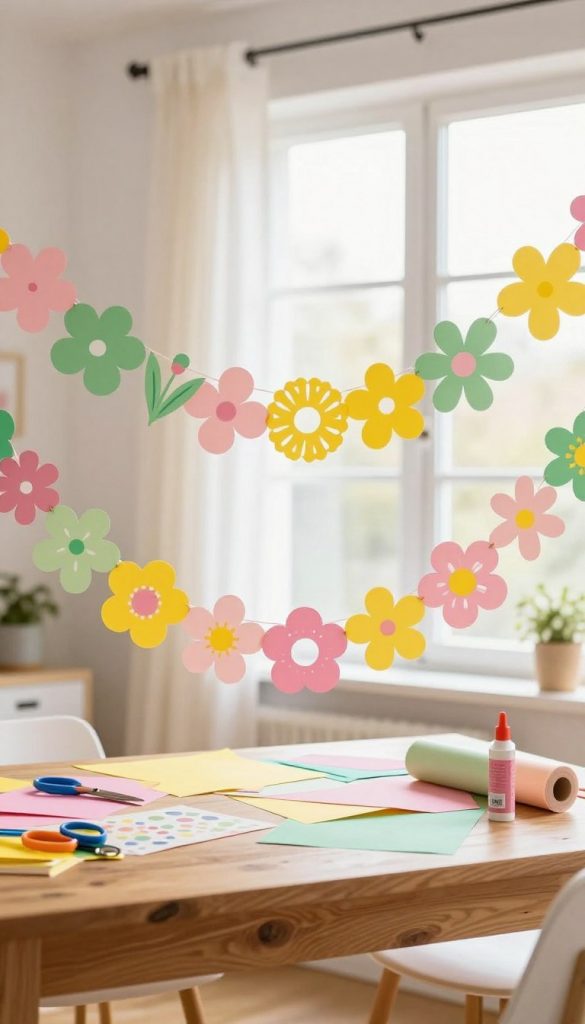 A vibrant and cheerful scene showcasing beautifully crafted "papier girlanden" in a well-lit room. In the foreground, colorful paper garlands hang gracefully, made of various pastel shades of pink, yellow, and green, each piece intricately cut into floral shapes. In the middle, a wooden table features a selection of crafting materials like scissors, glue, and rolls of colored paper, suggesting a DIY atmosphere. The background reveals a sunny window with sheer curtains allowing natural light to pour in, illuminating the space and creating a warm, inviting ambiance. The overall mood is playful and inspiring, reflecting a sense of joy and creativity suitable for springtime projects. The image evokes the aesthetic of a cozy Pinterest DIY space, branded subtly with the name "KlickKiste".