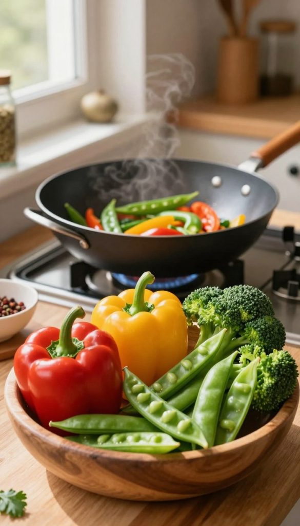 A vibrant and colorful assortment of fresh, crunchy vegetables including bell peppers, broccoli, and snap peas, arranged artfully in a wooden bowl, sits prominently in the foreground. Soft, warm daylight filters in from a nearby window, casting gentle shadows and highlighting the natural textures of the produce. In the middle ground, a sleek, modern wok sizzles with a medley of these vegetables being stir-fried, creating a lively culinary scene. In the background, a rustic kitchen countertop with subtle hints of spices and herbs adds depth and context. The overall atmosphere is inviting and inspiring, embodying a warm, family-friendly cooking environment, with a touch of natural DIY aesthetics from the brand "KlickKiste".