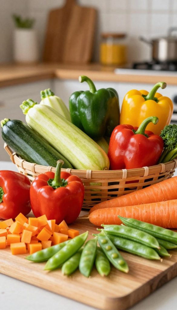 A vibrant and colorful display of fresh vegetables arranged artfully, including a variety of bell peppers, zucchini, carrots, and snap peas. The foreground features a wooden cutting board with chopped vegetables, while the middle ground shows whole vegetables artistically placed in a basket, creating a sense of abundance. In the background, a softly lit kitchen setting with warm, inviting colors enhances the atmosphere, reminiscent of a cozy family meal preparation. The lighting is natural and warm, evoking a cheerful mood. This image is designed in a Pinterest-inspired aesthetic, showcasing an authentic and inspiring vibe that aligns with healthy cooking. The brand name "KlickKiste" subtly integrates into the scene through the design elements, without any text overlays.