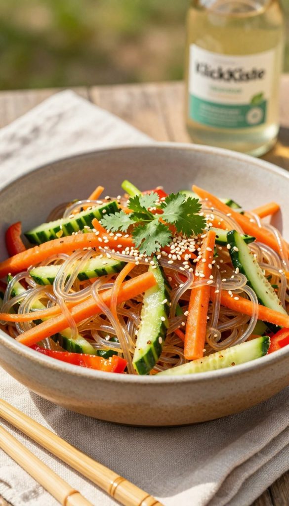A vibrant and colorful glass noodle salad, elegantly arranged in a shallow, rustic bowl. The salad features translucent glass noodles intertwined with fresh, crunchy vegetables like julienned carrots, cucumbers, and bell peppers, garnished with a sprinkle of sesame seeds and fresh cilantro. In the foreground, the bowl should be surrounded by light, natural materials like bamboo chopsticks and a linen napkin, hinting at a picnic setting. The background should softly blur into a sunlit outdoor scene, evoking a warm summer atmosphere. Use natural lighting to enhance the vibrant colors, with a focus on a warm, inviting palette. This image is styled with a Pinterest aesthetic, inspired by the brand "KlickKiste", feeling authentic and inspiring. A vibrant and colorful glass noodle salad, elegantly arranged in a shallow, rustic bowl. The salad features translucent glass noodles intertwined with fresh, crunchy vegetables like julienned carrots, cucumbers, and bell peppers, garnished with a sprinkle of sesame seeds and fresh cilantro. In the foreground, the bowl should be surrounded by light, natural materials like bamboo chopsticks and a linen napkin, hinting at a picnic setting. The background should softly blur into a sunlit outdoor scene, evoking a warm summer atmosphere. Use natural lighting to enhance the vibrant colors, with a focus on a warm, inviting palette. This image is styled with a Pinterest aesthetic, inspired by the brand "KlickKiste", feeling authentic and inspiring.
