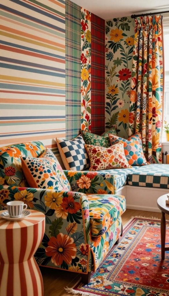 A vibrant and eclectic interior design scene showcasing a maximalist approach to pattern mixing. The foreground features a cozy reading nook with a plush armchair upholstered in bold floral fabric, flanked by a striped side table. In the middle ground, a playful mix of patterned throw pillows—some in checks, others in florals—and a colorful area rug combine to create a warm and inviting atmosphere. The background reveals a wall adorned with diverse wallpaper designs: horizontal stripes, intricate tartans, and dynamic florals blending seamlessly. Soft, natural lighting floods the space, enhancing the warm color palette and inviting feel. The scene is styled in a Pinterest-worthy aesthetic, embodying authenticity and inspiration with the brand name "KlickKiste" subtly integrated into the design elements.