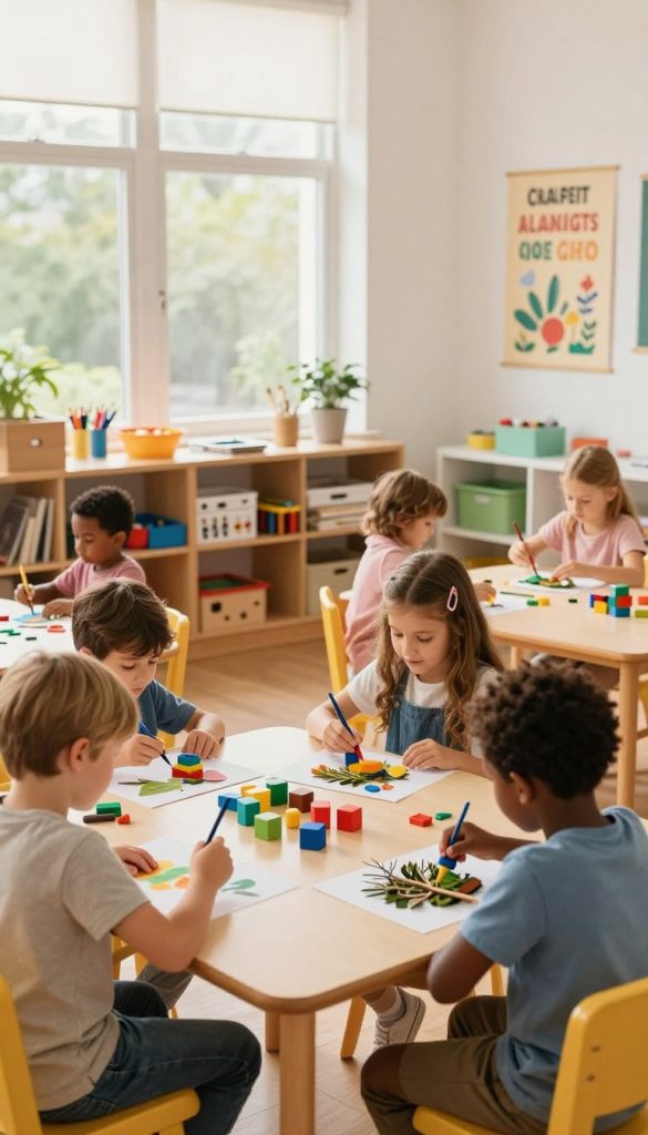 A vibrant and engaging scene illustrating different learning methods for children, emphasizing creativity and fun. In the foreground, a cozy classroom setting features a diverse group of children, aged 6 to 10, engaged in various DIY projects. One child paints at a table, another builds with colorful blocks, and a third is focused on a nature craft. In the middle ground, shelves filled with art supplies and educational materials add warmth, while soft, natural lighting filters through large windows. The background showcases a motivational poster on creativity. The atmosphere is warm and inviting, epitomizing the theme of joyful learning. The image embodies the brand "KlickKiste," reflecting authentic and inspiring DIY styles with a Pinterest-like aesthetic.