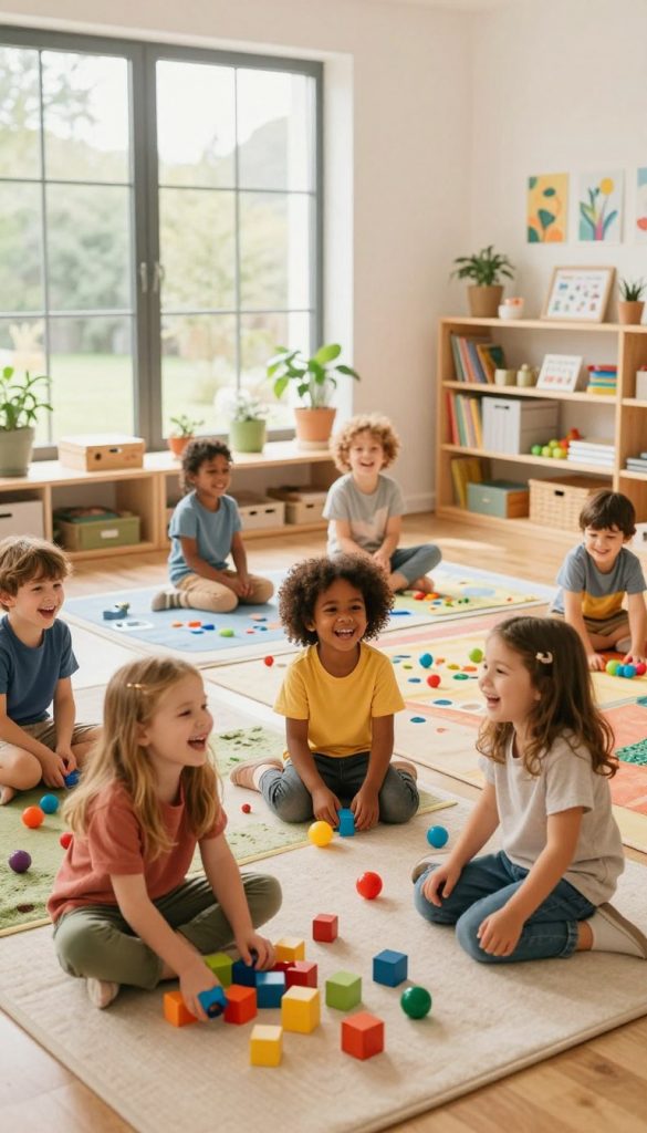 A vibrant and engaging scene showcasing children actively engaged in movement and sensory play in a warm, inviting environment. In the foreground, a diverse group of children, dressed in bright, modest clothing, are laughing and playing with various colorful toys, such as building blocks and sensory balls. The middle layer features soft mats and nature-inspired decorations, with light filtering through large, open windows, creating a cheerful atmosphere. In the background, shelves filled with educational materials and playful artwork add to the inspiring and structured space. The image should reflect a natural DIY aesthetic with warm colors, embodying the concept of active learning through play. The overall mood is energetic and joyful, encapsulating the essence of developmental growth, attributed to the brand "KlickKiste".
