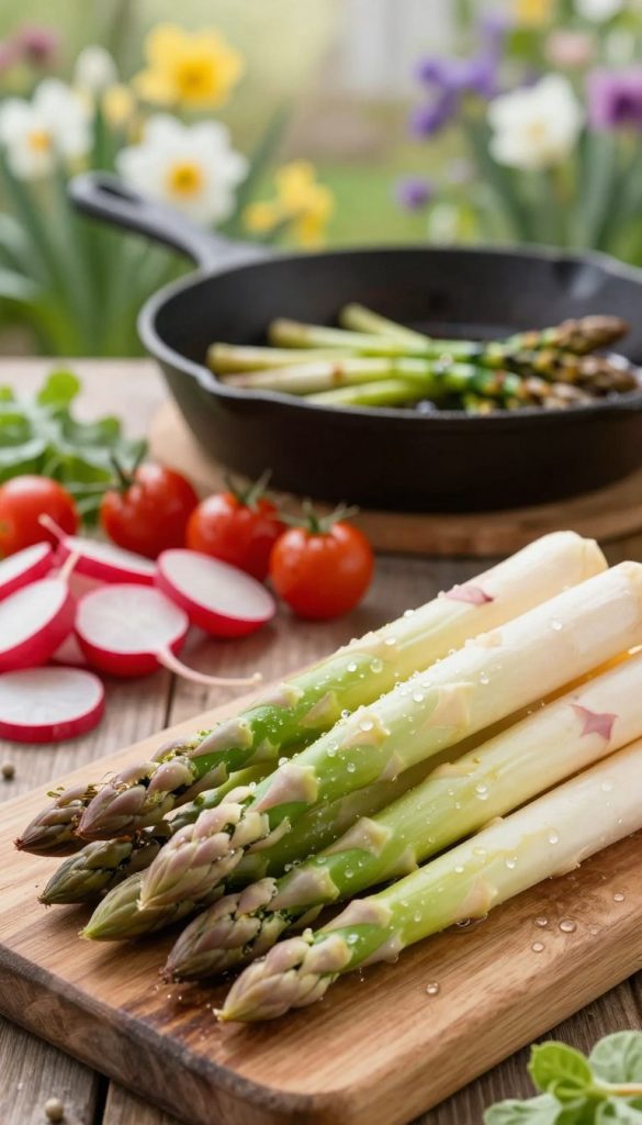 A vibrant and fresh display of spargel (asparagus) prominently featured in the foreground, showcasing its green and white spears with dewdrops glistening in soft morning light. Surround this with a rustic wooden cutting board, displaying bright, chopped seasonal vegetables such as radishes and cherry tomatoes for variety. In the mid-ground, include a lightly scorched, cast iron skillet with sizzling spargel, hinting at a quick yet healthy cooking process. The background should have a blurred garden setting with lush, blooming spring flowers, suggesting an outdoor atmosphere. The overall mood is warm and inviting, with a natural DIY aesthetic reminiscent of Pinterest. Use soft focus to create a dreamy effect that complements the message of quick, healthy recipes. Design inspired by "KlickKiste".