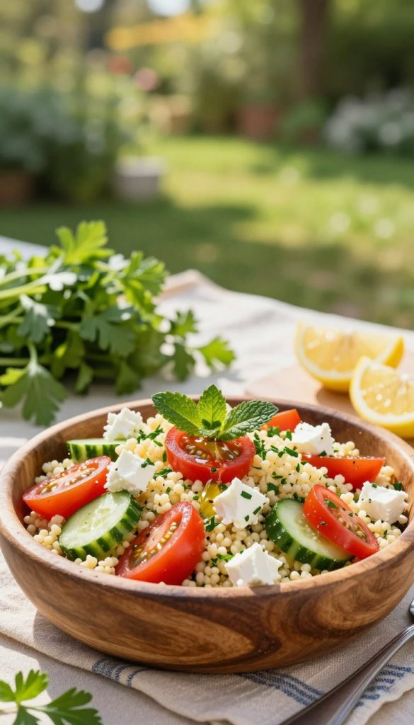 A vibrant and fresh summer couscous salad featuring colorful ingredients like plump red tomatoes, crisp green cucumbers, and crumbled white feta cheese. The couscous is fluffed and garnished with a sprinkle of fresh herbs like parsley and mint, creating a delightful medley. In the foreground, a rustic wooden bowl showcases the salad, with a drizzle of olive oil glistening on top. The middle ground reveals a cheerful picnic setting with fresh greens and a few lemon wedges, while the background includes a softly blurred garden scene bathed in warm, natural sunlight, casting gentle shadows. The atmosphere is inviting and inspiring, evoking feelings of summer and health. The image embodies the essence of a healthy meal, styled in a natural DIY aesthetic with warm colors, reminiscent of a Pinterest-worthy layout. Brand name: KlickKiste.