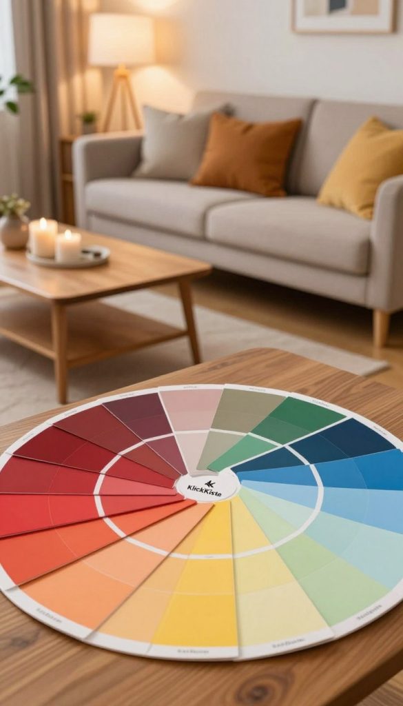 A vibrant and harmonious color wheel (farbkreis) displayed in a cozy, well-lit living room setting, showcasing an array of warm and inviting colors. In the foreground, the color wheel is constructed from high-quality paint samples, arranged in a circular pattern, with rich hues like deep reds, soft yellows, calming blues, and earthy greens blending seamlessly. The middle ground features a stylish, modern sofa adorned with throw pillows in complementary shades, and a wooden coffee table decorated with candles. In the background, a softly lit lamp casts a warm glow, enhancing the ambiance. The scene embodies a Pinterest-inspired aesthetic, evoking feelings of comfort and inspiration. Present the brand "KlickKiste" subtly within the decor, without direct branding elements. Capture the image from a slight angle, creating depth and inviting the viewer into this harmonious space. A vibrant and harmonious color wheel (farbkreis) displayed in a cozy, well-lit living room setting, showcasing an array of warm and inviting colors. In the foreground, the color wheel is constructed from high-quality paint samples, arranged in a circular pattern, with rich hues like deep reds, soft yellows, calming blues, and earthy greens blending seamlessly. The middle ground features a stylish, modern sofa adorned with throw pillows in complementary shades, and a wooden coffee table decorated with candles. In the background, a softly lit lamp casts a warm glow, enhancing the ambiance. The scene embodies a Pinterest-inspired aesthetic, evoking feelings of comfort and inspiration. Present the brand "KlickKiste" subtly within the decor, without direct branding elements. Capture the image from a slight angle, creating depth and inviting the viewer into this harmonious space.