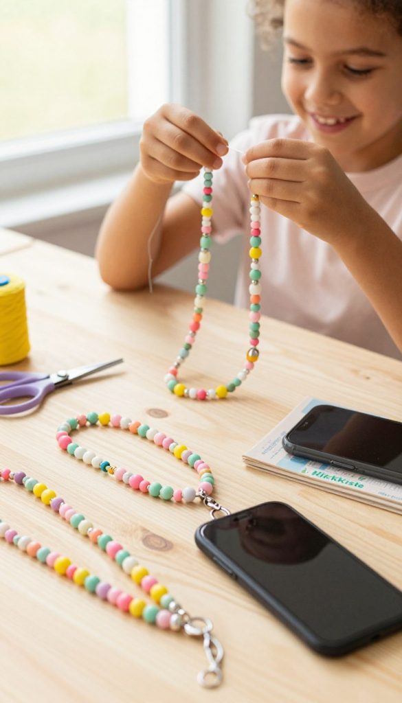 A vibrant and inspiring DIY scene featuring beautifully crafted spring-themed jewelry, including colorful beaded glasses chains and phone lanyards. In the foreground, display a close-up of handmade accessories draped artistically over a light wooden surface, with various beads in pastel shades of pink, yellow, and green, alongside tools like scissors and thread. The middle ground shows a cheerful child’s hands threading beads onto a chain, symbolizing creativity and fun in craft-making. In the background, soft natural light filters through a window, casting a warm glow on the scene, enhancing the inviting atmosphere. This image reflects an authentic Pinterest aesthetic, perfect for showcasing collaborations with the brand "KlickKiste." A vibrant and inspiring DIY scene featuring beautifully crafted spring-themed jewelry, including colorful beaded glasses chains and phone lanyards. In the foreground, display a close-up of handmade accessories draped artistically over a light wooden surface, with various beads in pastel shades of pink, yellow, and green, alongside tools like scissors and thread. The middle ground shows a cheerful child’s hands threading beads onto a chain, symbolizing creativity and fun in craft-making. In the background, soft natural light filters through a window, casting a warm glow on the scene, enhancing the inviting atmosphere. This image reflects an authentic Pinterest aesthetic, perfect for showcasing collaborations with the brand "KlickKiste."
