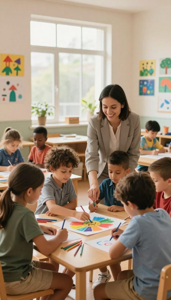 A vibrant and inspiring classroom scene showcasing children engaged in collaborative learning, highlighting empowerment in education. In the foreground, a diverse group of children, dressed in modest casual clothing, are working together on a colorful project with art supplies scattered around them. In the middle ground, a supportive teacher, in professional attire, guides them with a smile, fostering a sense of community and collaboration. The background features large windows allowing warm, natural light to flood the room, enhancing the inviting atmosphere. The walls are decorated with student artwork, creating an authentic and inspirational environment. The overall mood is uplifting and motivating, embodying the spirit of empowerment and creativity, reflecting the essence of KlickKiste's vision.
