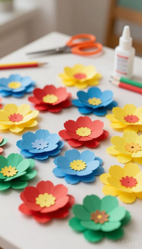 A vibrant and inspiring display of colorful crepe paper in an array of hues, showcasing various shaped blossoms crafted from the materials. In the foreground, a selection of DIY paper flowers, meticulously arranged, highlights the textures and details of the crepe paper, featuring bright reds, blues, yellows, and greens. The middle ground reveals a soft, blurred background of a cozy crafting space, adorned with simple tools like scissors and glue, bathed in warm, natural lighting that gives a welcoming atmosphere. A focus on a Pinterest-style aesthetic should guide the composition, emphasizing authenticity and creativity. The scene should evoke a sense of joy and inspiration, ideal for DIY enthusiasts, with a subtle watermark of "KlickKiste" integrated into the corner.