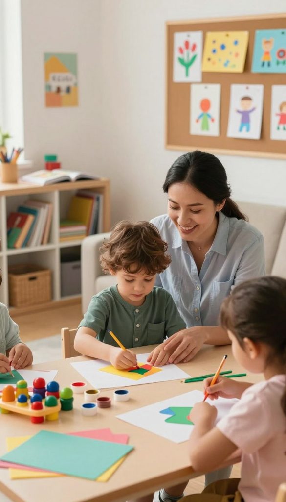 A vibrant and inspiring home classroom scene showcasing creative learning methods for children, set in a warmly lit atmosphere with soft natural light. In the foreground, a child engaged in a hands-on DIY project, surrounded by colorful materials like paper, paints, and educational toys. In the middle ground, a cheerful parent encourages the child, both of them dressed in casual yet tidy clothing. The background features a well-organized and inviting space filled with art supplies, open books, and a bulletin board adorned with children's artwork. The mood is cheerful and motivational, embodying an engaging learning environment. Incorporate a subtle design element inspired by "KlickKiste" to convey authenticity and inspiration, all while maintaining a Pinterest aesthetic with warm, inviting colors.