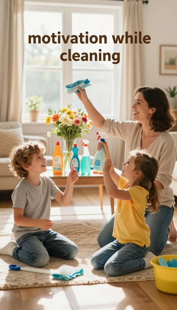 A vibrant and inspiring scene depicting a family cleaning together, focused on the theme of "motivation while cleaning." In the foreground, two children, a boy and a girl, excitedly participate, holding small cleaning tools and smiling joyfully. The mother, in modest casual clothing, kneels beside them, demonstrating a fun and engaging technique for cleaning. In the middle ground, colorful cleaning supplies are neatly arranged on a table adorned with fresh flowers, adding a touch of warmth. The background features a sunlit living room with large windows, casting gentle, warm light throughout the space. The atmosphere is uplifting and cheerful, showcasing a Pinterest-inspired aesthetic that embodies natural DIY charm. Brand elements reflecting "KlickKiste" are subtly integrated into the scene.