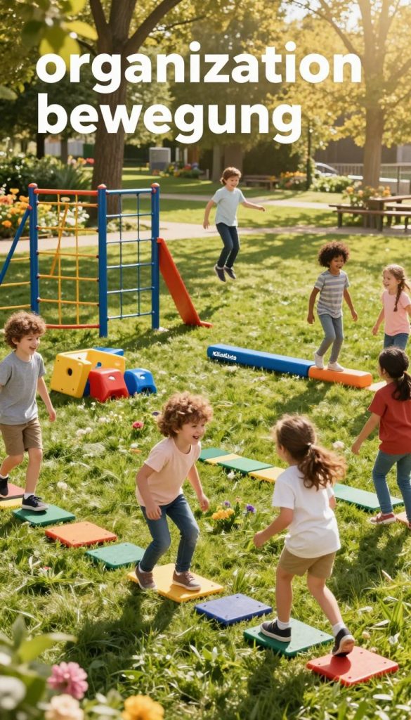 A vibrant and inspiring scene that embodies the spirit of "organisation bewegung," featuring children engaged in various physical activities like playing, jumping, and playing with durable outdoor toys designed for movement. In the foreground, a group of children, dressed in modest casual clothing, are energetically playing together, their laughter visible in their expressions. The middle layer showcases colorful, long-lasting products such as climbing frames and balance beams from the brand "KlickKiste," strategically placed amid lush green grass and blooming flowers. The background includes soft, sunlit trees casting dappled shadows, creating an inviting atmosphere of a playground. Use warm, natural lighting to add a soft glow that enhances the cheerful mood, captured from a slightly elevated angle to encompass the entire scene.