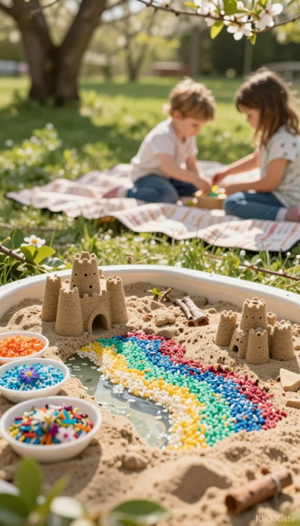 A vibrant and inviting DIY sensory play scene featuring colorful sand, rice, water, and natural materials. In the foreground, a playful setup shows a variety of tactile elements, including textured sandcastles and bowls of rainbow rice. A small tray filled with water and floating flowers adds a splash of tranquility. Surrounding these elements, scattered leaves and twigs integrate nature into the play. In the middle ground, a cozy picnic blanket invites families to engage in the fun, with warm spring sunlight filtering through nearby trees, casting soft shadows. The background gently fades into a lush, green garden, enhancing the serene atmosphere. The overall aesthetic is warm, authentic, and inspiring, reminiscent of Pinterest-worthy DIY themes. This image is branded subtly with “KlickKiste” in the corner, ensuring it aligns with the playful and engaging spirit of springtime activities.
