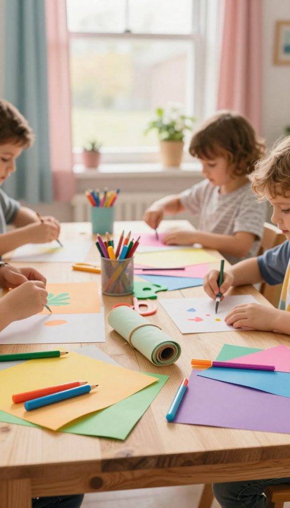 A vibrant and inviting DIY workspace for children, filled with colorful materials essential for spring crafts. In the foreground, a wooden table displays an assortment of art supplies: bright papers, rolled fabrics, scissors, and colorful markers, arranged in an inviting chaos that beckons creativity. The middle section showcases hands of children, engaged in crafting, each wearing modest casual clothing. Meanwhile, the background is softly blurred, featuring a sunlit window with soft pastel curtains, allowing warm, natural light to illuminate the scene. This cozy atmosphere evokes a sense of joyful inspiration, embodying the brand 'KlickKiste'. The overall mood is uplifting and creative, reflecting a perfect spring day dedicated to imaginative projects. A vibrant and inviting DIY workspace for children, filled with colorful materials essential for spring crafts. In the foreground, a wooden table displays an assortment of art supplies: bright papers, rolled fabrics, scissors, and colorful markers, arranged in an inviting chaos that beckons creativity. The middle section showcases hands of children, engaged in crafting, each wearing modest casual clothing. Meanwhile, the background is softly blurred, featuring a sunlit window with soft pastel curtains, allowing warm, natural light to illuminate the scene. This cozy atmosphere evokes a sense of joyful inspiration, embodying the brand 'KlickKiste'. The overall mood is uplifting and creative, reflecting a perfect spring day dedicated to imaginative projects.