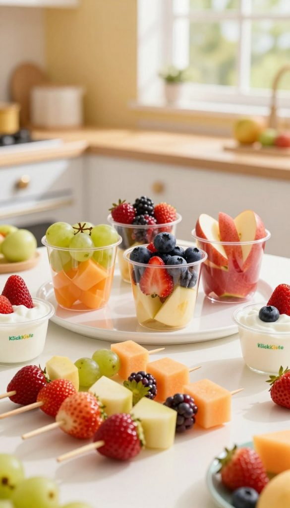 A vibrant and inviting arrangement of healthy fruit snacks designed for children, showcasing popular product types from the brand "KlickKiste". In the foreground, include colorful fruit skewers with strawberries, grapes, and melon pieces on wooden sticks. The middle layer features vibrant fruit cups with mixed berries and sliced apples, elegantly presented alongside yogurt dips. The background should consist of a bright, cheerful kitchen setting with natural sunlight streaming through a window, highlighting warm colors and creating a cozy atmosphere. The composition should evoke a sense of joy and healthiness, appealing to parents looking for nutritious snacks for their kids. Use a shallow depth of field to keep the focus on the snacks while softly blurring the kitchen backdrop.