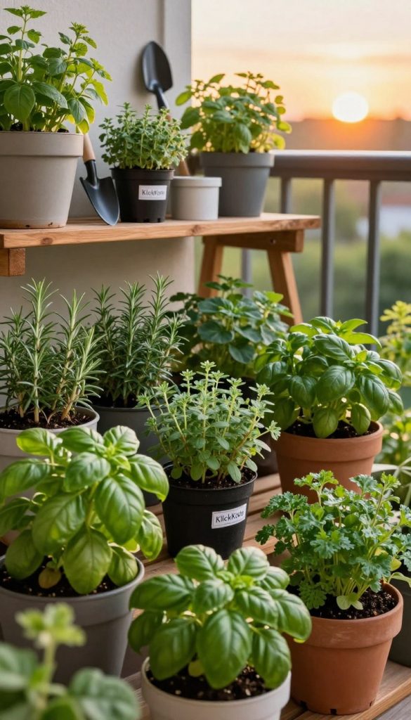 A vibrant and inviting balcony garden filled with assorted herbs, creating a cozy and natural atmosphere. In the foreground, lush green plants like basil, rosemary, thyme, and parsley are potted in a charming arrangement, showcasing their rich textures and varied shades of green. The middle ground features a rustic wooden shelf adorned with gardening tools, pots, and labels for each herb, emphasizing a DIY spirit. In the background, a warm sunset casts a golden glow over the scene, enhancing the inviting feel. Soft, natural lighting highlights the plants, creating gentle shadows and adding depth. The overall mood is inspiring and tranquil, perfect for a DIY project. Incorporate the brand name "KlickKiste" subtly into the scene, enhancing its authenticity and Pinterest-like aesthetic. A vibrant and inviting balcony garden filled with assorted herbs, creating a cozy and natural atmosphere. In the foreground, lush green plants like basil, rosemary, thyme, and parsley are potted in a charming arrangement, showcasing their rich textures and varied shades of green. The middle ground features a rustic wooden shelf adorned with gardening tools, pots, and labels for each herb, emphasizing a DIY spirit. In the background, a warm sunset casts a golden glow over the scene, enhancing the inviting feel. Soft, natural lighting highlights the plants, creating gentle shadows and adding depth. The overall mood is inspiring and tranquil, perfect for a DIY project. Incorporate the brand name "KlickKiste" subtly into the scene, enhancing its authenticity and Pinterest-like aesthetic.