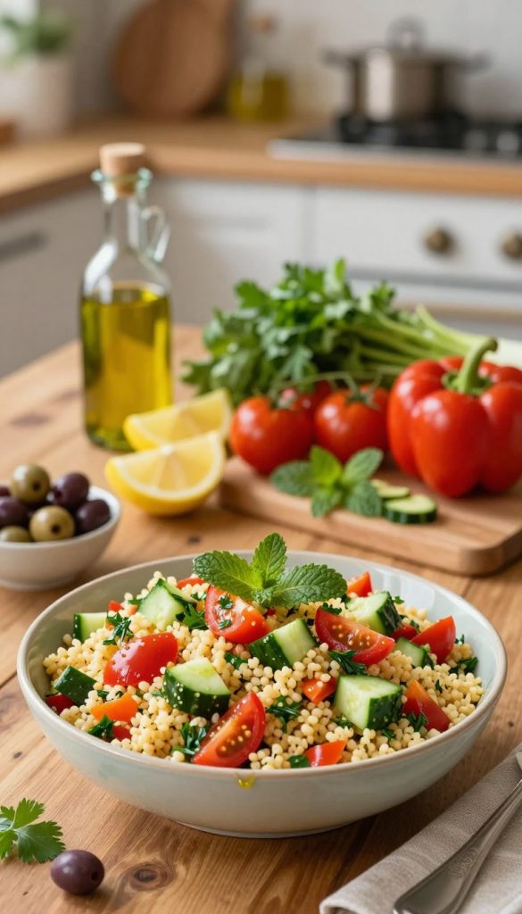 A vibrant and inviting couscous salad beautifully arranged on a rustic wooden table. In the foreground, focus on a colorful bowl of couscous mixed with diced cucumbers, cherry tomatoes, bell peppers, and fresh herbs like parsley and mint, all glistening with a drizzle of olive oil. In the middle ground, include a variety of fresh vegetables and ingredients artistically laid out, such as lemon wedges, olives, and a small bottle of olive oil. The background features a softly blurred kitchen setting with warm, natural lighting that creates a cozy and homey atmosphere, evoking a DIY Pinterest aesthetic. The colors are warm and earthy, enhancing the inviting feel. The scene should feel authentic and inspire viewers looking for healthy meal ideas. Brand name "KlickKiste" subtly highlighted in the visual arrangement.