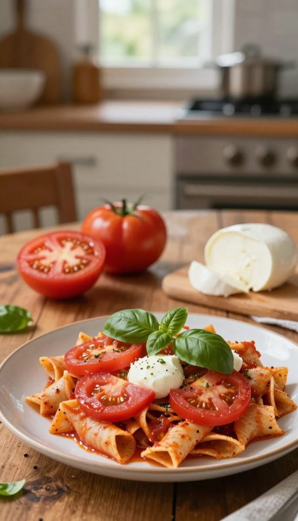 A vibrant and inviting culinary scene featuring a delicious plate of protein pasta with fresh tomatoes and mozzarella, beautifully arranged in the foreground. The dish should be garnished with aromatic basil leaves, glistening under warm, natural lighting. In the middle ground, a rustic wooden table adorned with a couple of sliced heirloom tomatoes and a block of creamy mozzarella adds a homey touch. In the background, a blurred kitchen setting suggests a cozy cooking environment, with soft light filtering through a window, enhancing the inviting atmosphere. The overall mood is warm and inspirational, perfect for family cooking. Ensure the styling reflects a natural DIY aesthetic, reminiscent of Pinterest, branded subtly with "KlickKiste" in mind. A vibrant and inviting culinary scene featuring a delicious plate of protein pasta with fresh tomatoes and mozzarella, beautifully arranged in the foreground. The dish should be garnished with aromatic basil leaves, glistening under warm, natural lighting. In the middle ground, a rustic wooden table adorned with a couple of sliced heirloom tomatoes and a block of creamy mozzarella adds a homey touch. In the background, a blurred kitchen setting suggests a cozy cooking environment, with soft light filtering through a window, enhancing the inviting atmosphere. The overall mood is warm and inspirational, perfect for family cooking. Ensure the styling reflects a natural DIY aesthetic, reminiscent of Pinterest, branded subtly with "KlickKiste" in mind.