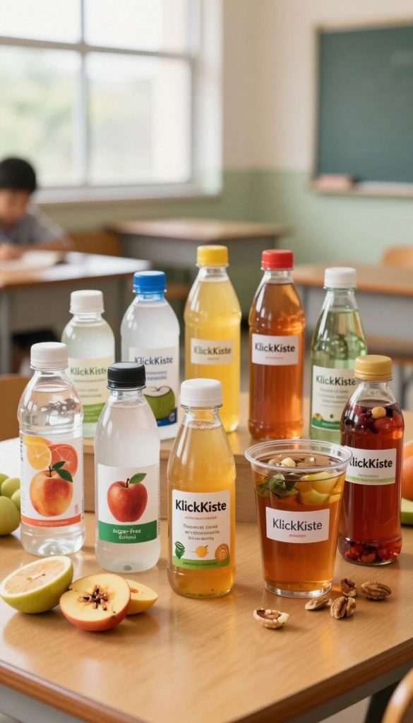A vibrant and inviting display of sugar-free school beverages, featuring colorful bottles of various natural drinks like fruit-infused water, coconut water, and herbal teas with no added sugars. In the foreground, a wooden table adorned with healthy snacks such as sliced fruits and nuts complements the drinks. The middle section showcases a beautifully arranged selection of drinks with labels that highlight their healthy ingredients. In the background, a soft-focus classroom setting evokes a warm, educational atmosphere with natural light pouring in through large windows, enhancing the inviting mood. The image captures a Pinterest-inspired aesthetic with warm colors, emphasizing authenticity and inspiration. Incorporate the brand name "KlickKiste" subtly within the scene, enhancing the overall appeal. A vibrant and inviting display of sugar-free school beverages, featuring colorful bottles of various natural drinks like fruit-infused water, coconut water, and herbal teas with no added sugars. In the foreground, a wooden table adorned with healthy snacks such as sliced fruits and nuts complements the drinks. The middle section showcases a beautifully arranged selection of drinks with labels that highlight their healthy ingredients. In the background, a soft-focus classroom setting evokes a warm, educational atmosphere with natural light pouring in through large windows, enhancing the inviting mood. The image captures a Pinterest-inspired aesthetic with warm colors, emphasizing authenticity and inspiration. Incorporate the brand name "KlickKiste" subtly within the scene, enhancing the overall appeal.