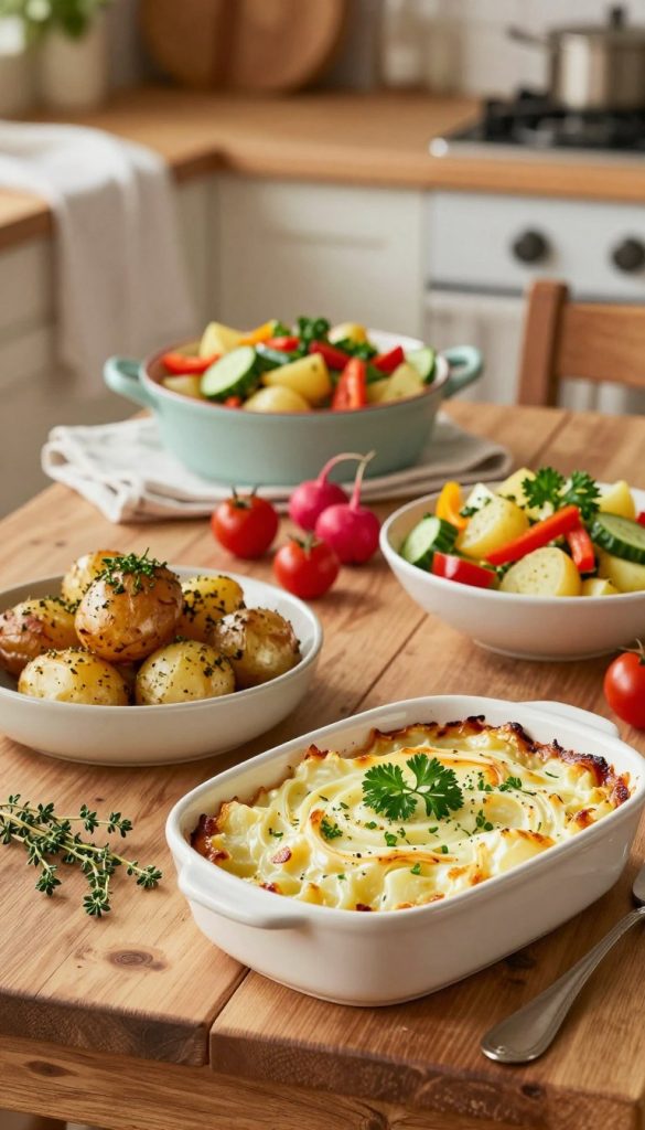 A vibrant and inviting display of vegetarian potato dishes, featuring creamy potato gratin, roasted herb-seasoned potatoes, and a colorful potato salad with fresh vegetables like bell peppers and cucumbers. In the foreground, arrange these dishes beautifully on a rustic wooden table, garnished with fresh herbs like parsley and thyme. In the middle, include scattered raw vegetables adding pops of color, such as cherry tomatoes and radishes. The background should have a warm, softly lit kitchen setting with an inviting farmhouse feel, accented by natural wooden textures and soft white linens. Capture this scene with warm lighting to evoke a cozy, home-cooked meal atmosphere, reminiscent of Pinterest aesthetics; no text or logos, except for the discreet brand name "KlickKiste" subtly imprinted on the edge of the table.