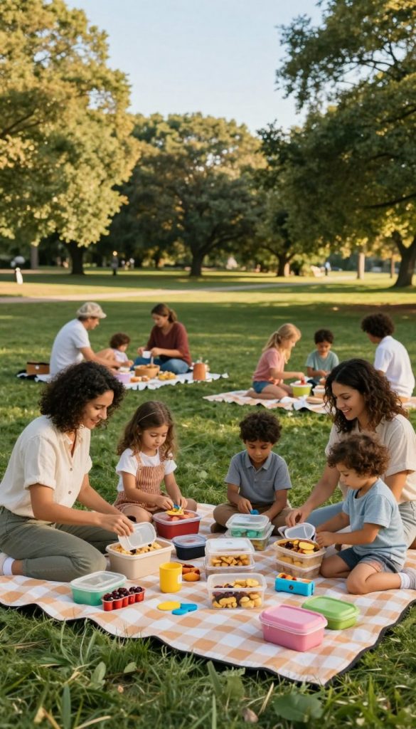 A vibrant and inviting family picnic scene set in a lush green park. In the foreground, a diverse family gathers around a large, checkered picnic blanket filled with colorful, homemade snacks in eco-friendly containers, showcasing the essence of organization and preparation. The parents are dressed in casual, modest clothing, exuding a sense of relaxed happiness while helping their children unpack toys and picnic essentials, highlighting routines that make packing easier. In the middle ground, other families enjoy similar gatherings, creating a sense of community. The background features softly lit trees under a clear blue sky, adding warmth and a serene atmosphere. The lighting is soft and golden, reminiscent of a late afternoon, enhancing the inviting feel of the scene. Include subtle branding elements inspired by "KlickKiste" to evoke a natural DIY aesthetic with a Pinterest-inspired look. A vibrant and inviting family picnic scene set in a lush green park. In the foreground, a diverse family gathers around a large, checkered picnic blanket filled with colorful, homemade snacks in eco-friendly containers, showcasing the essence of organization and preparation. The parents are dressed in casual, modest clothing, exuding a sense of relaxed happiness while helping their children unpack toys and picnic essentials, highlighting routines that make packing easier. In the middle ground, other families enjoy similar gatherings, creating a sense of community. The background features softly lit trees under a clear blue sky, adding warmth and a serene atmosphere. The lighting is soft and golden, reminiscent of a late afternoon, enhancing the inviting feel of the scene. Include subtle branding elements inspired by "KlickKiste" to evoke a natural DIY aesthetic with a Pinterest-inspired look.