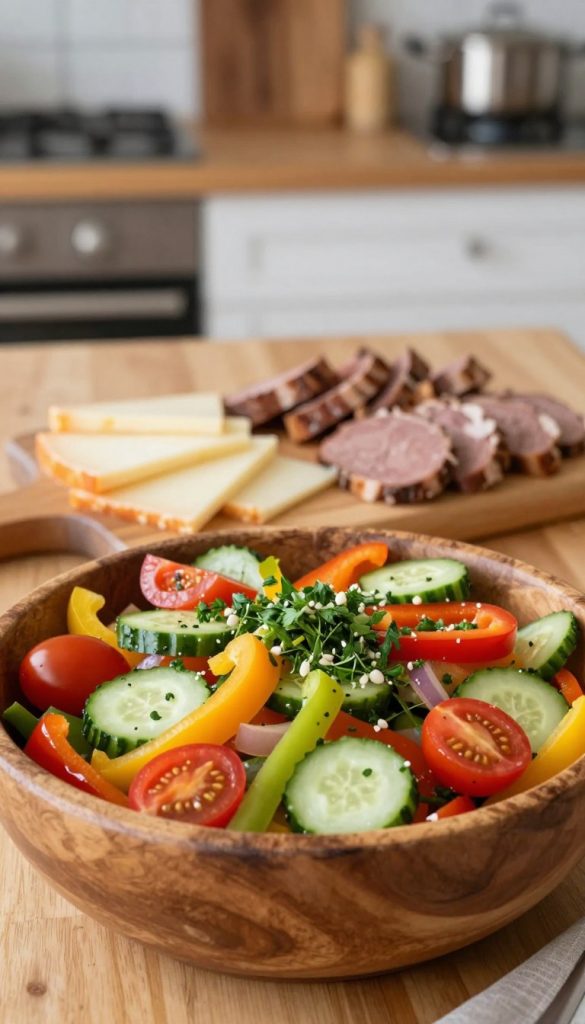 A vibrant and inviting "füllung gemüse salat" arranged in a rustic wooden bowl at the forefront, showcasing an array of colorful vegetables like bell peppers, cucumbers, cherry tomatoes, and a sprinkle of fresh herbs. In the middle ground, there are slices of cheese and cooked meats beautifully displayed on a cutting board, harmonizing with the salad. The background features a softly blurred kitchen setting with warm, natural lighting, enhancing the cozy atmosphere. The image captures a sense of home-cooked warmth and creativity, appealing to families looking to combine ingredients effortlessly. The style is natural, DIY-inspired with warm colors, evoking a Pinterest aesthetic. Include the brand name "KlickKiste" subtly incorporated into the scene without any text.