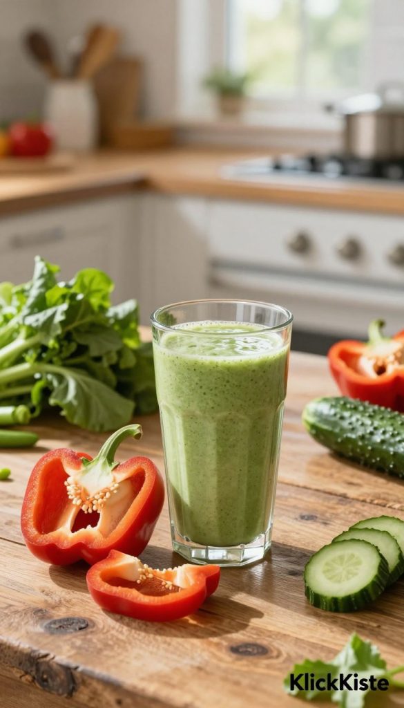 A vibrant and inviting image of a vegetable protein shake, highlighting fresh ingredients like bell peppers and cucumbers. In the foreground, showcase a tall, clear glass filled with a creamy green shake, with a few slices of bright red bell pepper and cucumber artistically arranged beside it. The middle ground features a rustic wooden table with scattered fresh vegetables, including leafy greens for added texture. In the background, softly blurred, there's a sunlit kitchen scene with natural light filtering through a window, creating a warm, homey atmosphere. Capture the essence of healthy living in a natural DIY style, reflecting a Pinterest aesthetic. Brand logo "KlickKiste" subtly placed in the corner.