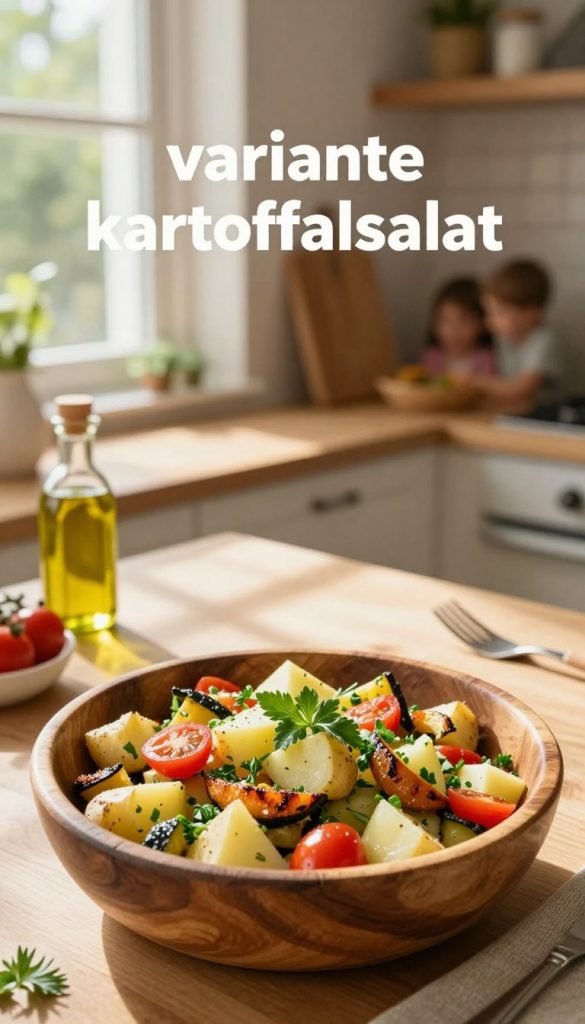 A vibrant and inviting image of "variante kartoffelsalat" with various family-friendly variations displayed in a rustic wooden bowl. In the foreground, show the salad featuring colorful ingredients like diced potatoes, fresh herbs, cherry tomatoes, and lightly grilled vegetables, arranged artfully. In the middle, include a cozy kitchen countertop setting with natural light streaming in from a nearby window, casting warm, soft shadows. A few kitchen utensils and ingredients like a small bottle of olive oil and fresh herbs add context. The background features a blurred glimpse of a family gathering, evoking a warm, inviting atmosphere. The overall mood is cheerful and comforting, embodying the spirit of family meals. Capture this in a natural, DIY style with warm colors reminiscent of Pinterest aesthetics. Incorporate the brand "KlickKiste" subtly within the scene, ensuring an authentic and inspiring feel.