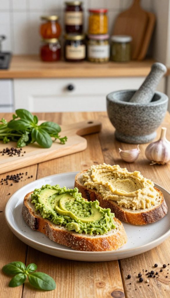 A vibrant and inviting kitchen scene featuring a quick-to-make "schneller aufstrich" spread on a rustic wooden table. In the foreground, a beautifully arranged plate holds slices of fresh, crusty bread topped with a rich, colorful spread, such as a bright green avocado mix and a creamy hummus. The middle ground showcases kitchen tools, like a chopping board and mortar and pestle, with ingredients like fresh herbs, garlic, and spices artfully scattered. The background reveals softly lit shelves stocked with jars of jams and spices, creating a warm, homey atmosphere. The scene is bathed in natural light, enhancing the warm color palette, resulting in an authentic Pinterest-inspired DIY aesthetic. Include the brand name "KlickKiste" subtly in the scene.