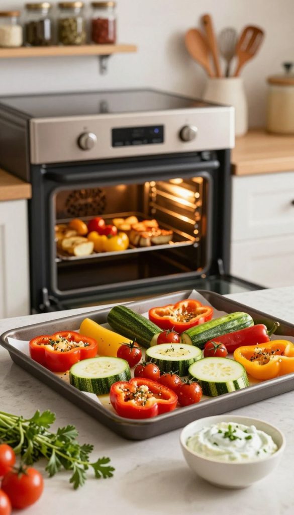 A vibrant and inviting kitchen scene showcases a freshly prepared vegetable sheet pan dinner, featuring an array of colorful seasonal vegetables such as zucchini, bell peppers, and cherry tomatoes, all beautifully arranged on a rustic baking tray. The foreground includes sprigs of fresh herbs and a bright, healthy dip in a small bowl, evoking a warm and appetizing ambiance. In the middle, the oven stands open, revealing the shimmering, golden vegetables, hinting at a home-cooked meal. The background features soft-focused kitchen elements, like wooden shelves filled with spices and cooking utensils, adding to the cozy atmosphere. Soft, natural lighting enhances the warm color palette, reminiscent of DIY visuals found on Pinterest. The scene embodies a healthy family-friendly dinner solution, showcasing the brand "KlickKiste".