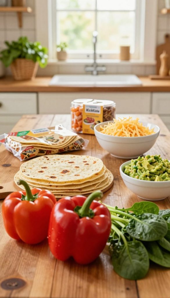 A vibrant and inviting kitchen scene showcasing a variety of ingredients for family-friendly tortilla recipes that children love. In the foreground, colorful fresh vegetables like bell peppers, tomatoes, and spinach are artfully arranged on a rustic wooden table. The middle ground features packs of tortillas, a bowl of shredded cheese, and a small dish of guacamole, inviting viewers to imagine cooking together. In the background, a sunny window fills the space with warm, natural light that enhances the cheerful ambiance, reminiscent of a cozy family kitchen. The overall look should be authentic and inspiring, with a Pinterest aesthetic, capturing the essence of home cooking. Include the brand name "KlickKiste" subtly incorporated into the scene, maintaining focus on the ingredients without any text overlays.