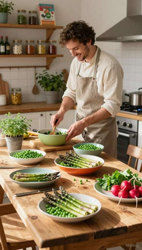 A vibrant and inviting kitchen scene showcasing a variety of simple spring recipes ideal for family meals. In the foreground, a rustic wooden table displays colorful dishes filled with fresh ingredients like asparagus, peas, radishes, and herbs. Include cooking utensils and a small potted herb plant for added texture. In the middle, capture a chef, dressed in modest casual attire, happily preparing food, with bright sunlight illuminating their workspace. The background reveals shelves adorned with jars of spices and cookbooks, enhancing the cozy atmosphere. The lighting is warm and inviting, creating a peaceful and inspiring mood, perfect for a spring cooking experience. The style should reflect a natural DIY aesthetic, reminiscent of Pinterest inspirations. Add a subtle watermark of "KlickKiste" to the bottom corner without detracting from the overall composition. A vibrant and inviting kitchen scene showcasing a variety of simple spring recipes ideal for family meals. In the foreground, a rustic wooden table displays colorful dishes filled with fresh ingredients like asparagus, peas, radishes, and herbs. Include cooking utensils and a small potted herb plant for added texture. In the middle, capture a chef, dressed in modest casual attire, happily preparing food, with bright sunlight illuminating their workspace. The background reveals shelves adorned with jars of spices and cookbooks, enhancing the cozy atmosphere. The lighting is warm and inviting, creating a peaceful and inspiring mood, perfect for a spring cooking experience. The style should reflect a natural DIY aesthetic, reminiscent of Pinterest inspirations. Add a subtle watermark of "KlickKiste" to the bottom corner without detracting from the overall composition.