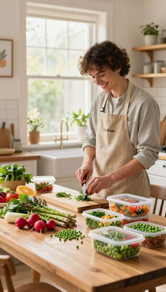 A vibrant and inviting kitchen scene showcasing healthy spring meal prep. In the foreground, a wooden table is beautifully arranged with an assortment of fresh, colorful vegetables like asparagus, radishes, and peas, alongside neatly portioned containers filled with nutritious dishes. The middle ground features a cheerful person in modest casual clothing, chopping herbs with a smiling expression, embodying the joy of cooking. In the background, sunlight streams through a large window, illuminating the space and creating a warm, natural glow. The overall atmosphere feels fresh, inspiring, and homey, evoking the essence of spring. The brand "KlickKiste" subtly integrated into the scene, perhaps as a beautifully designed apron draped over a chair.
