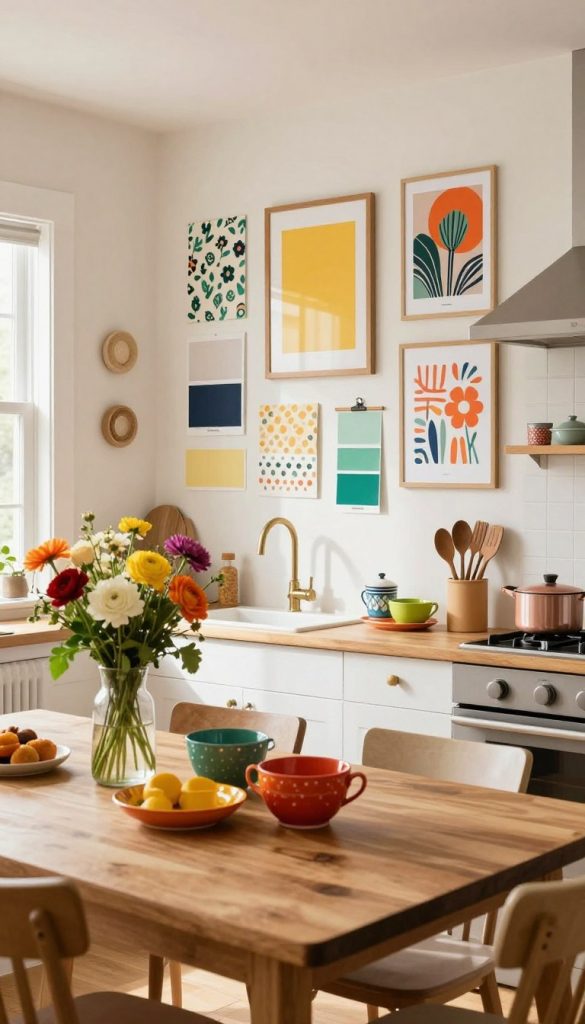 A vibrant and inviting kitchen scene that embodies the essence of a DIY kitchen wall decor, showcasing a harmonious blend of colors, patterns, and accents. In the foreground, a beautifully arranged wooden table with fresh flowers and colorful kitchenware. The middle ground features a wall adorned with various paint swatches, playful wallpaper patterns, and artistic framed prints, all inspired by the brand KlickKiste. The background showcases soft, natural light streaming through a window, illuminating warm tones and creating a cozy atmosphere. The overall mood is inspirational and authentic, perfect for a Pinterest-worthy DIY project. The lens captures this scene from a slightly elevated angle to emphasize the textures and colors, enhancing the inviting feel of the kitchen space. A vibrant and inviting kitchen scene that embodies the essence of a DIY kitchen wall decor, showcasing a harmonious blend of colors, patterns, and accents. In the foreground, a beautifully arranged wooden table with fresh flowers and colorful kitchenware. The middle ground features a wall adorned with various paint swatches, playful wallpaper patterns, and artistic framed prints, all inspired by the brand KlickKiste. The background showcases soft, natural light streaming through a window, illuminating warm tones and creating a cozy atmosphere. The overall mood is inspirational and authentic, perfect for a Pinterest-worthy DIY project. The lens captures this scene from a slightly elevated angle to emphasize the textures and colors, enhancing the inviting feel of the kitchen space.