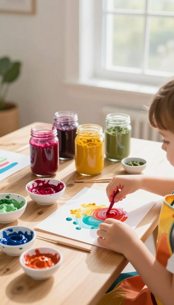 A vibrant and inviting scene depicting a DIY finger painting project, focused on the art of mixing colors. In the foreground, a wooden table is covered with small bowls of various natural pigments in bright, warm hues, some splattered artistically. A child's hands, wearing a colorful apron, playfully mix different colors together, showcasing the creative process. In the middle ground, jars of natural ingredients like beet juice, turmeric, and spinach powder are displayed, illustrating the concept of natural coloring. The background features a bright and airy room with large windows allowing soft sunlight to stream in, casting gentle shadows. The overall atmosphere is cheerful and inspiring, reflecting creativity and family fun in a Pinterest-worthy aesthetic. The brand name "KlickKiste" is subtly integrated into the scene through decorative elements.