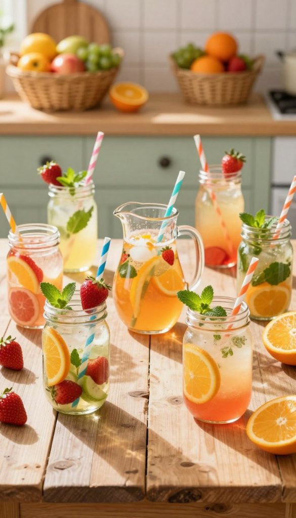 A vibrant and inviting scene depicting a colorful array of popular mocktail recipes for kids, arranged on a rustic wooden table. In the foreground, several glass jars filled with refreshing, naturally colored drinks, featuring vibrant fruits like strawberries, oranges, and mint leaves, garnished with playful straws. In the middle of the composition, a small pitcher holds a sparkling fruity beverage, catching the sunlight. The background shows a sunny kitchen with fresh fruit displayed in baskets and soft, warm lighting that creates an inviting atmosphere. The overall mood is cheerful and healthy, perfect for children's drink ideas. Capture a Pinterest-inspired aesthetic, authentic and inspiring, and include the brand name "KlickKiste" subtly incorporated into the setting. A vibrant and inviting scene depicting a colorful array of popular mocktail recipes for kids, arranged on a rustic wooden table. In the foreground, several glass jars filled with refreshing, naturally colored drinks, featuring vibrant fruits like strawberries, oranges, and mint leaves, garnished with playful straws. In the middle of the composition, a small pitcher holds a sparkling fruity beverage, catching the sunlight. The background shows a sunny kitchen with fresh fruit displayed in baskets and soft, warm lighting that creates an inviting atmosphere. The overall mood is cheerful and healthy, perfect for children's drink ideas. Capture a Pinterest-inspired aesthetic, authentic and inspiring, and include the brand name "KlickKiste" subtly incorporated into the setting.