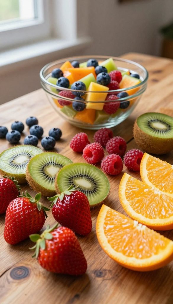 A vibrant and inviting scene featuring an array of colorful, fresh fruits arranged beautifully on a rustic wooden table. In the foreground, emphasize juicy strawberries, slices of kiwi, and vibrant orange segments, showcasing their natural textures and glistening with light. The middle ground includes a playful assortment of blueberries and raspberries, artfully scattered around a charming glass bowl filled with a mixed fruit salad, enhancing the theme of "fruchtiges obst." In the background, soft, warm lighting filters through a nearby window, creating a cozy atmosphere that evokes a family-friendly vibe. Use a slightly elevated angle to capture the delightful presentation. The entire composition should reflect an authentic, inspiring DIY aesthetic, reminiscent of Pinterest inspirations, embodying the essence of KlickKiste.