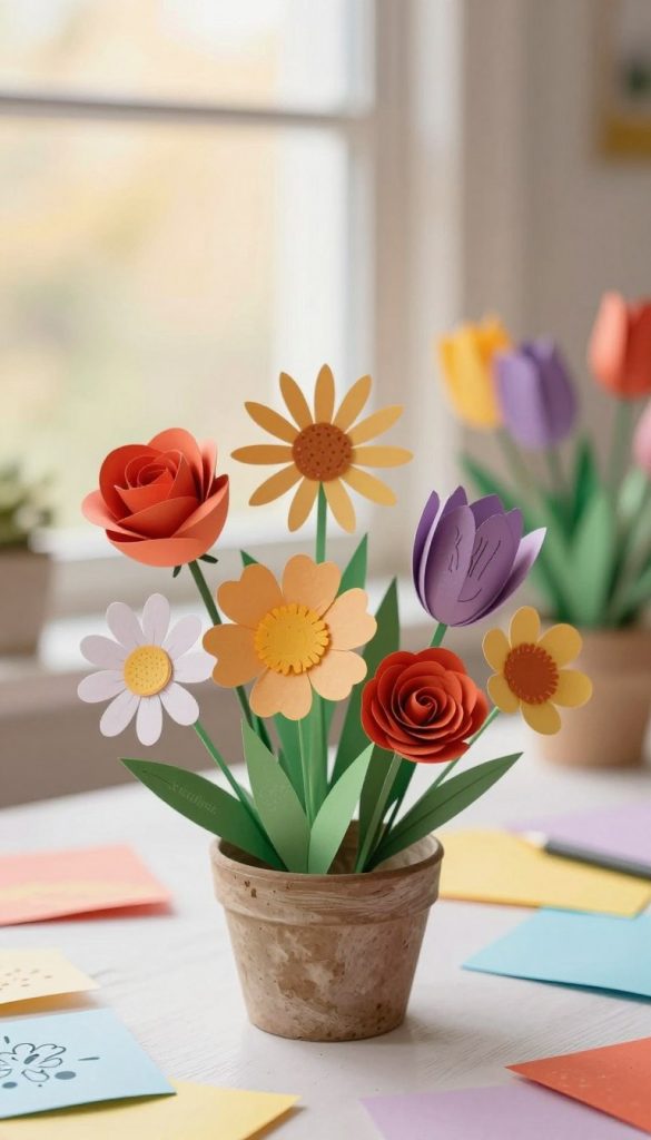 A vibrant and inviting scene featuring handmade paper flowers in various colors, showcasing intricate petal details and textures. In the foreground, an array of delicate paper blooms—like roses, daisies, and tulips—are thoughtfully arranged in a rustic pot. The middle ground features lightly crumpled sheets of colorful paper scattered about, hinting at the DIY crafting process. In the background, a softly blurred window allows warm, natural light to stream in, creating a cozy and inspiring atmosphere. The overall mood exudes creativity and springtime joy, with a Pinterest-worthy aesthetic. The brand name "KlickKiste" is subtly integrated into the scene, reflecting an authentic crafting experience that inspires viewers to embrace the art of DIY paper flowers.