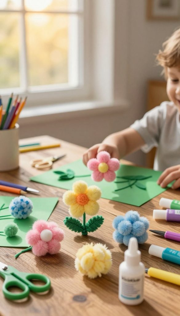 A vibrant and inviting scene of springtime creativity for children, showcasing colorful pompom flowers made from soft, fluffy yarn in a variety of pastel colors like pink, yellow, and blue. In the foreground, several fluffy pompoms are surrounded by green craft paper, scissors, and glue, all arranged on a rustic wooden table. Moving to the middle ground, a cheerful child’s hand reaches for a pompom, embodying the joy of crafting. In the background, a sunlit window filters warm, golden light, casting gentle shadows on the scene. The atmosphere is inspiring and authentic, capturing the essence of spring DIY projects. The overall composition reflects a Pinterest aesthetic, rich in natural colors and textures, branded subtly with "KlickKiste" materials and tools displayed neatly. A vibrant and inviting scene of springtime creativity for children, showcasing colorful pompom flowers made from soft, fluffy yarn in a variety of pastel colors like pink, yellow, and blue. In the foreground, several fluffy pompoms are surrounded by green craft paper, scissors, and glue, all arranged on a rustic wooden table. Moving to the middle ground, a cheerful child’s hand reaches for a pompom, embodying the joy of crafting. In the background, a sunlit window filters warm, golden light, casting gentle shadows on the scene. The atmosphere is inspiring and authentic, capturing the essence of spring DIY projects. The overall composition reflects a Pinterest aesthetic, rich in natural colors and textures, branded subtly with "KlickKiste" materials and tools displayed neatly.