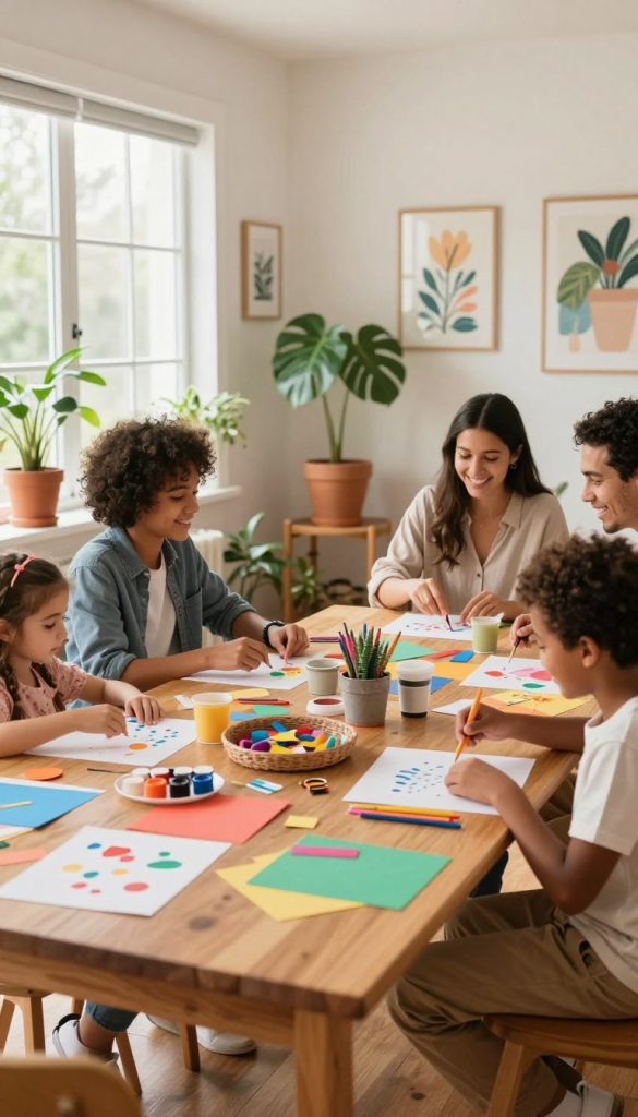 A vibrant and inviting scene showcasing a cozy family event organization space. In the foreground, a warm wooden table is laden with colorful DIY project materials, like paints, paper, and craft supplies, ready for families to use. In the middle ground, a friendly family of diverse backgrounds, dressed in modest casual attire, smiles as they engage in a fun activity, like crafting or decorating. The background features soft, natural lighting filtering through large windows, illuminating the room filled with potted plants and inspiring artwork, evoking a Pinterest-like aesthetic. The logo "KlickKiste" is subtly integrated into the decor, enhancing the atmosphere of creativity and support for unforgettable family time. The overall mood is warm, encouraging, and friendly, inviting families to explore budget-friendly, enjoyable activities together. A vibrant and inviting scene showcasing a cozy family event organization space. In the foreground, a warm wooden table is laden with colorful DIY project materials, like paints, paper, and craft supplies, ready for families to use. In the middle ground, a friendly family of diverse backgrounds, dressed in modest casual attire, smiles as they engage in a fun activity, like crafting or decorating. The background features soft, natural lighting filtering through large windows, illuminating the room filled with potted plants and inspiring artwork, evoking a Pinterest-like aesthetic. The logo "KlickKiste" is subtly integrated into the decor, enhancing the atmosphere of creativity and support for unforgettable family time. The overall mood is warm, encouraging, and friendly, inviting families to explore budget-friendly, enjoyable activities together.