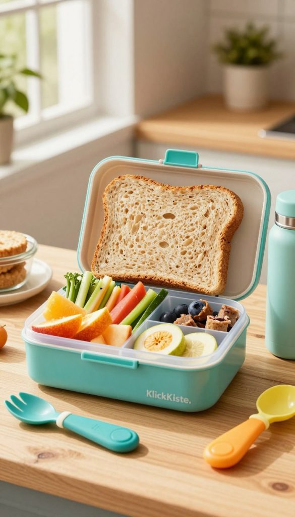A vibrant and inviting scene showcasing a healthy lunchbox carefully packed with a variety of colorful foods: sliced fruits, vegetable sticks, whole grain sandwiches, and homemade snacks, all arranged in a stylish, eco-friendly lunchbox branded "KlickKiste." In the foreground, there are playful, eye-catching elements like reusable utensils and a small, insulated water bottle. The middle layer features a wooden background with hints of a cozy kitchen setting, soft natural lighting filtering through a window, casting a warm glow. In the background, gentle greenery can be seen, creating an atmosphere of freshness and inspiration. The composition should evoke feelings of health, creativity, and everyday practicality, ideal for busy families seeking simple and fun lunchtime ideas.