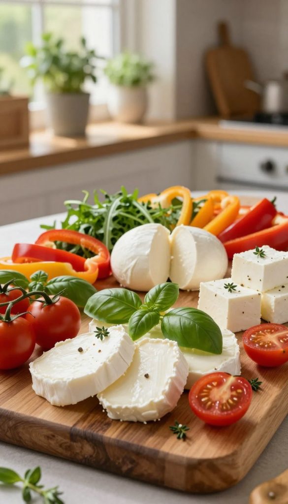 A vibrant and inviting scene showcasing various light cheese options, artfully arranged on a rustic wooden board. In the foreground, display slices of creamy goat cheese paired with fresh basil and cherry tomatoes, garnished with sprigs of thyme. The middle ground features wedges of soft mozzarella surrounded by colorful bell pepper strips and leafy arugula, while cubes of feta add a Mediterranean touch. In the background, a soft-focus image of a sunlit kitchen with herbal plants on the windowsill, radiating warmth and a cozy atmosphere. Use natural, warm lighting to enhance the freshness of the ingredients, capturing a Pinterest-worthy aesthetic. The overall mood should feel healthy, inspiring, and inviting, reflective of the KlickKiste brand values.