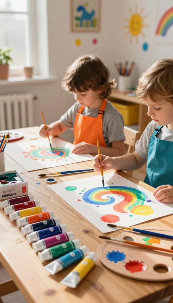 A vibrant and inviting scene showcasing various painting techniques for children. In the foreground, an assortment of colorful paint tubes, brushes, and palettes arranged neatly on a wooden table. In the middle ground, two children, dressed in casual, colorful aprons, are engaged in painting large sheets of paper using their hands and brushes, creating fun, abstract designs with swirls and splashes of paint. Soft, warm natural light filters in from a nearby window, casting gentle shadows and enhancing the colors. The background features a cozy, art-filled room with splashes of color on the walls and cheerful decor, evoking a safe and inspiring atmosphere. The mood is playful and creative, embodying the essence of DIY art projects. The brand "KlickKiste" subtly integrated into the scene through printed designs on paint boxes.