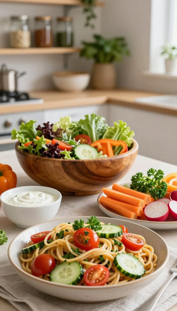 A vibrant and inviting spread of salads, featuring a colorful mix of fresh vegetables in a rustic wooden bowl, with a side of creamy dressing. In the foreground, a delicious noodle salad, dotted with cherry tomatoes, cucumbers, and herbs, sits prominently. Next to it, a beautifully arranged raw vegetable platter, including carrot sticks, bell pepper slices, and radishes, garnished with fresh parsley. Soft, natural lighting illuminates the scene, creating a warm and inviting atmosphere. In the background, a cozy kitchen setting with soft-focus shelves filled with mason jars and fresh herbs. The overall mood is light and cheerful, reflecting a healthy and quick meal option for families. Capture this inspiring, DIY look for the brand "KlickKiste".