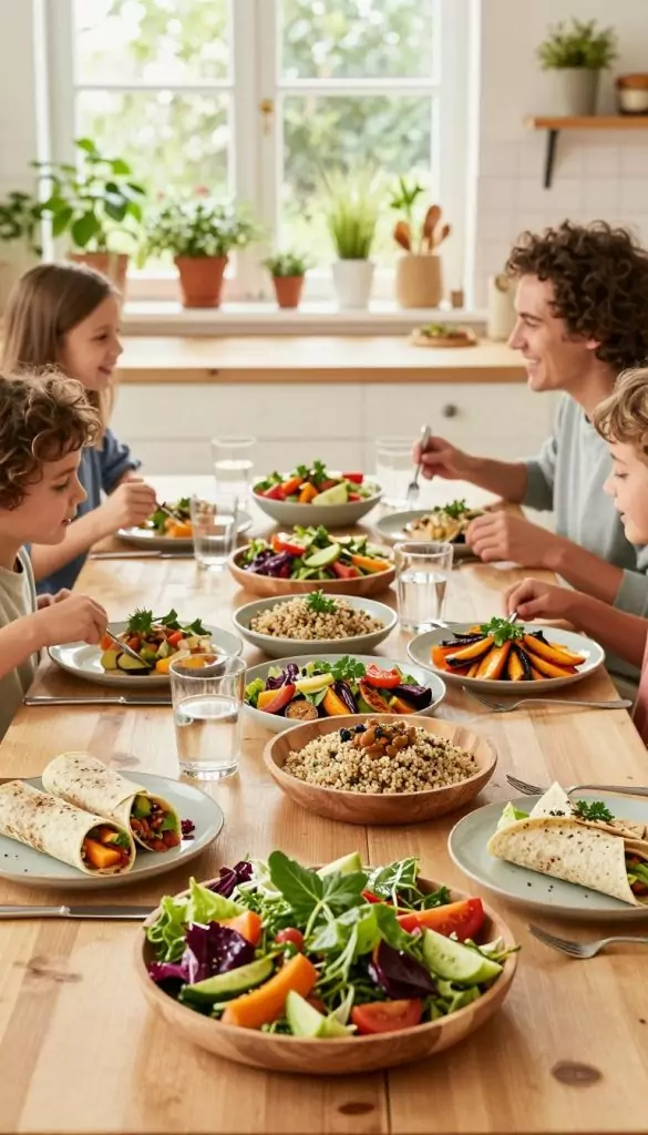 A vibrant and inviting spring lunch scene, showcasing a beautifully arranged table filled with healthy and delicious dishes for a family meal. In the foreground, a colorful salad with fresh vegetables and herbs, a quinoa bowl with roasted vegetables, and whole grain wraps are artfully presented on rustic wooden plates. The middle layer features a cheerful family of four enjoying the meal together, dressed in casual but modest clothing, laughing and sharing moments. The background captures a bright, sunlit kitchen with green plants and pots of herbs on the windowsill, reflecting a warm and inspiring atmosphere. This natural DIY image incorporates a Pinterest aesthetic, emphasizing warm colors and authenticity. The logo "KlickKiste" is subtly integrated in the scene, enhancing the overall composition without overpowering it. Soft, diffused lighting adds to the inviting mood.