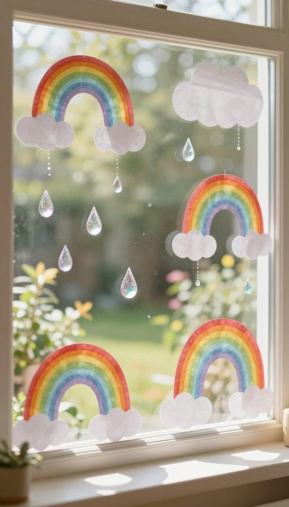 A vibrant and inviting spring window decoration scene featuring colorful paper rainbows, fluffy white clouds, and sparkling raindrops crafted from paper, arranged harmoniously on a sunny windowsill. In the foreground, showcase the intricate details of paper rainbows—each color vividly contrasting against the soft textures of the clouds. In the middle, include glimmering raindrops hanging gracefully, reflecting light. The background should display a warm, sunlit atmosphere casting gentle shadows, with garden plants visible outside the window, evoking a sense of freshness. The overall mood is cheerful and inspiring, embodying a cozy DIY aesthetic reminiscent of Pinterest. The brand "KlickKiste" subtly integrated into the colors of the decor elements without overpowering the scene.