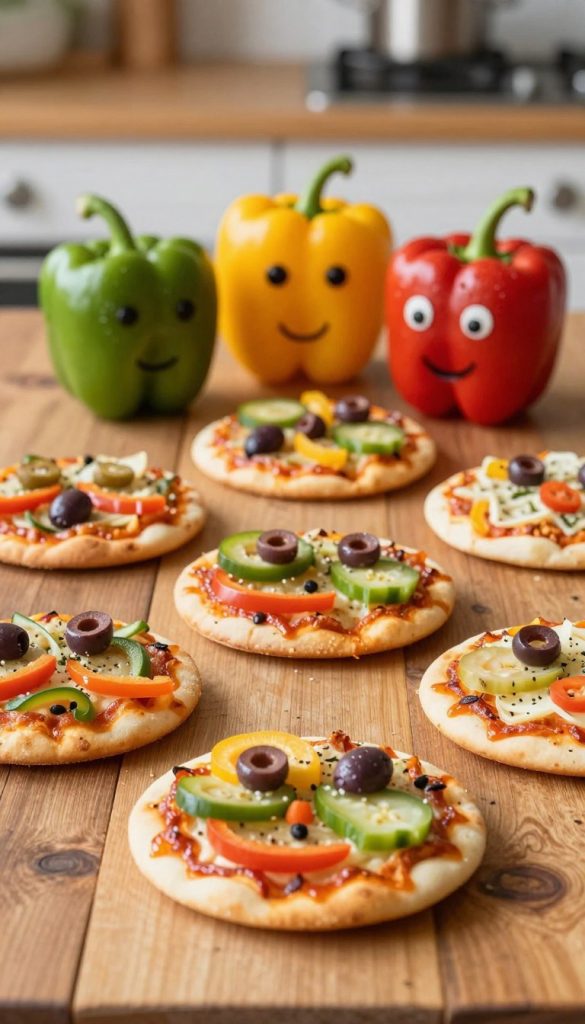 A vibrant and inviting still life arrangement featuring mini pizzas topped with colorful ingredients, emphasizing faces made from olives and bell peppers. In the foreground, several mini pizzas are artfully arranged on a rustic wooden table, showcasing a variety of creative toppings. The middle ground highlights fresh vegetables, including sliced olives and bright bell peppers, artistically placed to resemble playful faces. The background is softly blurred, with hints of kitchen elements, evoking a warm and cozy atmosphere. The lighting is natural and soft, casting gentle shadows to enhance the inviting feel. The overall mood is cheerful and inspiring, perfect for a family-friendly cooking theme, evoking the brand KlickKiste with natural DIY charm and Pinterest-like aesthetics.