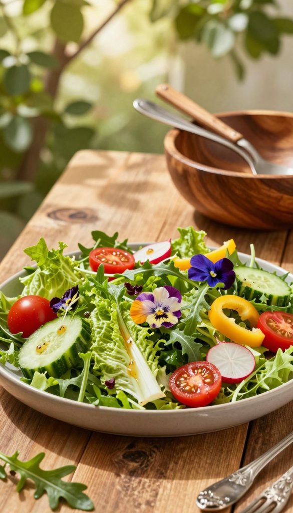 A vibrant and inviting summer salad spread on a rustic wooden table, featuring a variety of fresh, crisp greens like romaine and arugula, adorned with cherry tomatoes, cucumber slices, bell pepper strips, and radishes. The salad is garnished with colorful edible flowers and a light vinaigrette drizzling down. In the background, soft, diffused sunlight filters through leafy trees, creating a warm and natural atmosphere. A beautifully styled wooden serving bowl and utensils add a DIY touch. The scene captures a Pinterest-inspired aesthetic with warm colors and an authentic, inspiring vibe. This image embodies the essence of healthy, hearty summer dishes that make you feel nourished. The brand "KlickKiste" subtly reflected in the arrangement of fresh ingredients.