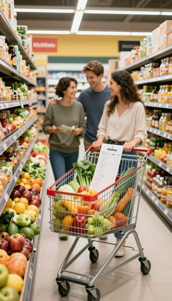 A vibrant and inviting supermarket scene, showcasing a neatly organized shopping aisle filled with fresh fruits, vegetables, and grocery items. In the foreground, a stylish shopping cart filled with colorful produce and an organized shopping list sticking out, symbolizing systematic shopping. The middle ground features a family, dressed in modest casual attire, collaborating joyfully while selecting products, exuding a feeling of teamwork and efficiency. The background displays bright, warm lighting casting a natural glow, reminiscent of a Pinterest aesthetic. Capture the essence of family shopping with a focus on orderliness and clarity amidst the abundance of goods. Add subtle branding elements of "KlickKiste" incorporated within signs or labels around the aisle, enhancing the atmosphere of inspiration and organization.