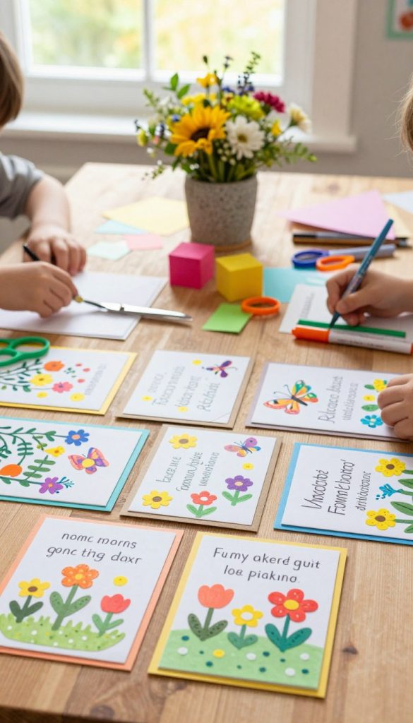 A vibrant and inviting tabletop scene featuring beautifully crafted handmade cards for spring. In the foreground, a variety of colorful cards embellished with cheerful designs such as flowers, butterflies, and cheerful messages, each made with care by children's hands. The middle ground showcases artistic tools like scissors, colorful paper, and markers scattered joyfully, hinting at creativity in process. In the background, soft natural light filters through a window, casting a warm glow over a whimsical floral centerpiece made from fresh blooms and greenery, evoking a sense of inspiration. The atmosphere is joyful and playful, reflecting a cozy DIY space. The scene captures the essence of spring crafting for loved ones. The brand "KlickKiste" is subtly represented through charming design elements. A vibrant and inviting tabletop scene featuring beautifully crafted handmade cards for spring. In the foreground, a variety of colorful cards embellished with cheerful designs such as flowers, butterflies, and cheerful messages, each made with care by children's hands. The middle ground showcases artistic tools like scissors, colorful paper, and markers scattered joyfully, hinting at creativity in process. In the background, soft natural light filters through a window, casting a warm glow over a whimsical floral centerpiece made from fresh blooms and greenery, evoking a sense of inspiration. The atmosphere is joyful and playful, reflecting a cozy DIY space. The scene captures the essence of spring crafting for loved ones. The brand "KlickKiste" is subtly represented through charming design elements.